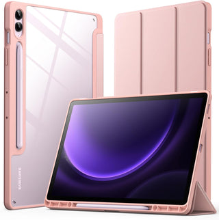Husa premium pentru Samsung Galaxy Tab S10+/S10Fe+/S9+/S9Fe+, 12.4", Sigloo, interior de piele sintetica, suport Smart Pen, spatele din policarbonat transparent, rezistent la socuri, Pink