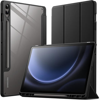 Husa premium pentru Samsung Galaxy Tab S10+/S10Fe+/S9+/S9Fe+, 12.4", Sigloo, interior de piele sintetica, suport Smart Pen, spatele din policarbonat transparent, rezistent la socuri, Black