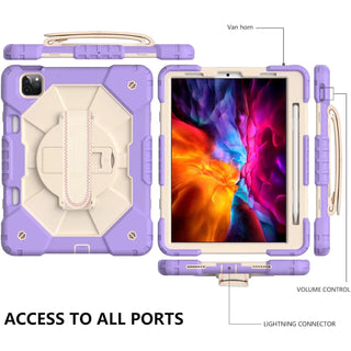 Husa rezistenta pentru iPad Air 11" (M2 2024 / Generatia 6), cu suport rotativ 360°, suport pentru stylus si curea de umar – Mov alb