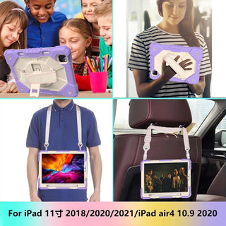 Husa rezistenta pentru iPad Air 11" (M2 2024 / Generatia 6), cu suport rotativ 360°, suport pentru stylus si curea de umar – Mov alb