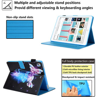Husa Sigloo pentru iPad 9.7" 2018/2017 & iPad Air 1/Air 2 – Coperta Smart Magnetica din Piele PU, Suport carduri – Model Fluturi Mov