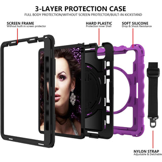 Husa Sigloo pentru iPad Air 10.9" (Gen. 5/4) si iPad Pro 11" (Gen. 1–4), Carcasa rezistenta 3-in-1, Stand, Curea de umar, Mov cu Negru