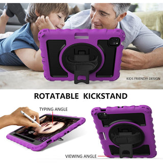 Husa Sigloo pentru iPad Air 10.9" (Gen. 5/4) si iPad Pro 11" (Gen. 1–4), Carcasa rezistenta 3-in-1, Stand, Curea de umar, Mov cu Negru