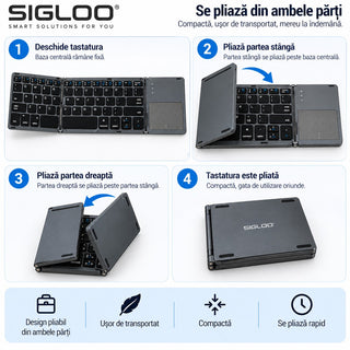 Tastatură Bluetooth Pliabilă SIGLOO din Aluminiu, Touchpad Integrat,  compatibil cu orice tableta, smartphone, laptop, Tv, calculator, Gri