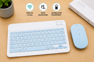 Kit Tastatura + Mouse Wireless Bluetooth Sigloo®, compatibil cu orice tableta, smartphone, laptop, Tv, calculator, Slim, Silentios, Multi-Device (iOS/Android/Windows), Albastru