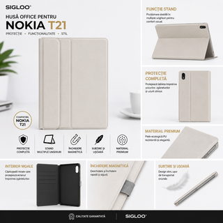 Husa Office SIGLOO pentru Nokia T21, Functie Stand, Inchidere Magnetica, Protectie Completa, Material Premium, Bej