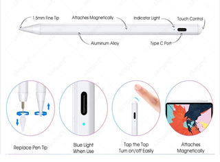 Creion Stylus iPad Pen, Sigloo, Professional, pentru iPad 2018-2022, 2 penite antizgarieturi, functie Palm Rejection, inclinare,Magnetic, USB-C, Alb