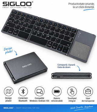 Tastatură Bluetooth Pliabilă SIGLOO din Aluminiu, Touchpad Integrat,  compatibil cu orice tableta, smartphone, laptop, Tv, calculator, Gri
