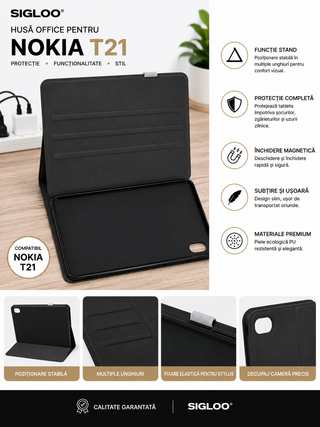 Husa Office SIGLOO pentru Nokia T21, Functie Stand, Inchidere Magnetica, Protectie Completa, Material Premium, Negru