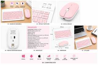 Kit Tastatură + Mouse Wireless Bluetooth Sigloo®, compatibil cu orice tableta, smartphone, laptop, Tv, calculator, Slim, Silențios, Multi-Device (iOS/Android/Windows), Roz
