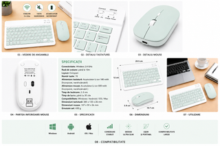 Kit Tastatura + Mouse Wireless Bluetooth Sigloo®, compatibil cu orice tableta, smartphone, laptop, Tv, calculator, Slim, Silentios, Multi-Device (iOS/Android/Windows), Verde