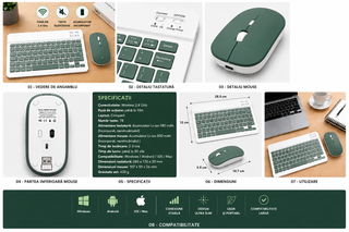 Kit Tastatura + Mouse Wireless Bluetooth Sigloo®, compatibil cu orice tableta, smartphone, laptop, Tv, calculator, Slim, Silentios, Multi-Device (iOS/Android/Windows), Verde Inchis