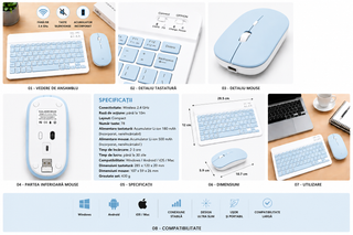 Kit Tastatura + Mouse Wireless Bluetooth Sigloo®, compatibil cu orice tableta, smartphone, laptop, Tv, calculator, Slim, Silentios, Multi-Device (iOS/Android/Windows), Albastru