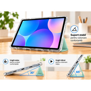 Husa Slim Sigloo, Smart Cover, Trifold, pentru Samsung Galaxy Tab S10 FE+ (SM-X620), 13.1", Spate Transparent si suport de Smart Pen, Verde