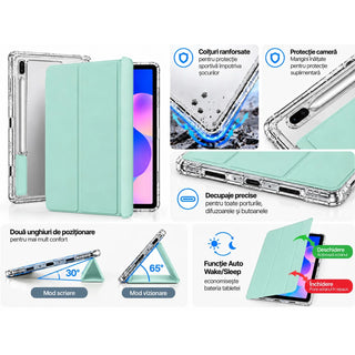 Husa Slim Sigloo, Smart Cover, Trifold, pentru Samsung Galaxy Tab S10 FE+ (SM-X620), 13.1", Spate Transparent si suport de Smart Pen, Verde