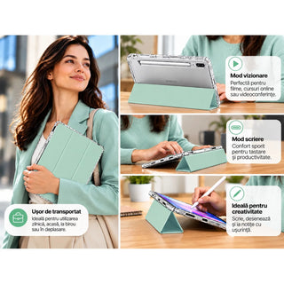 Husa Slim Sigloo, Smart Cover, Trifold, pentru Samsung Galaxy Tab S10 FE+ (SM-X620), 13.1", Spate Transparent si suport de Smart Pen, Verde