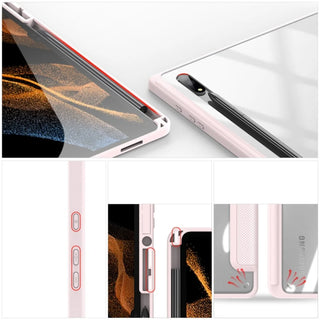 Husa Slim Sigloo, Smart Cover, Trifold, pentru Samsung Galaxy Tab S10 FE+ (SM-X620), 13.1", Spate Transparent si suport de Smart Pen, Roz