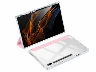 Husa Slim Sigloo, Smart Cover, Trifold, pentru Samsung Galaxy Tab S10 FE+ (SM-X620), 13.1", Spate Transparent si suport de Smart Pen, Roz