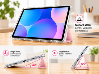 Husa Slim Sigloo, Smart Cover, Trifold, pentru Samsung Galaxy Tab S10 FE+ (SM-X620), 13.1", Spate Transparent si suport de Smart Pen, Roz