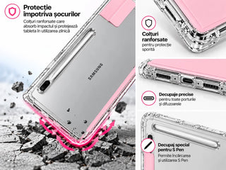 Husa Slim Sigloo, Smart Cover, Trifold, pentru Samsung Galaxy Tab S10 FE+ (SM-X620), 13.1", Spate Transparent si suport de Smart Pen, Roz