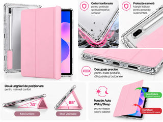Husa Slim Sigloo, Smart Cover, Trifold, pentru Samsung Galaxy Tab S10 FE+ (SM-X620), 13.1", Spate Transparent si suport de Smart Pen, Roz