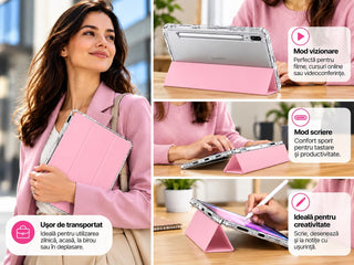Husa Slim Sigloo, Smart Cover, Trifold, pentru Samsung Galaxy Tab S10 FE+ (SM-X620), 13.1", Spate Transparent si suport de Smart Pen, Roz