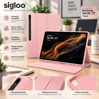 Husa office pentru tableta SAMSUNG GALAXY TAB S8 Model X700/X706 si S7 Model T870/T875/T876B, Sigloo, cu suport Smart Pen, Pink