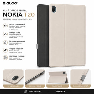 Husa Office SIGLOO pentru Nokia T20, Functie Stand, Inchidere Magnetica, Protectie Completa, Material Premium, Bej