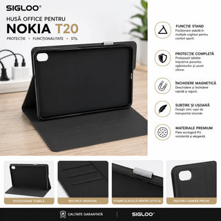 Husa Office SIGLOO pentru Nokia T20, Functie Stand, Inchidere Magnetica, Protectie Completa, Material Premium, Bej