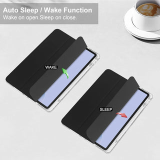Husa Sigloo pentru tableta Huawei MatePad 11.5" S – Slim, Tri-Fold Magnetic, Piele Ecologica, Suport Stylus, Spate transparent – Negru
