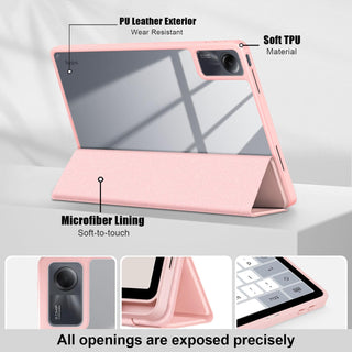 Husa Sigloo pentru tableta Xiaomi Redmi Pad Pro 12.1" – Slim, Tri-Fold Magnetic, Piele Ecologica, Suport Stylus, Spate transparent– Roz