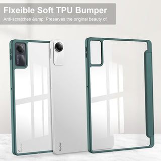 Husa Sigloo pentru tableta Xiaomi Redmi Pad Pro 12.1" – Slim, Tri-Fold Magnetic, Piele Ecologica, Suport Stylus, Spate transparent– Verde