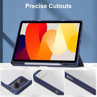 Husa Sigloo pentru tableta Xiaomi Redmi Pad 2 – Slim, Tri-Fold Magnetic, Piele Ecologica, Antisoc, Suport Stylus, Spate transparent– Albastru