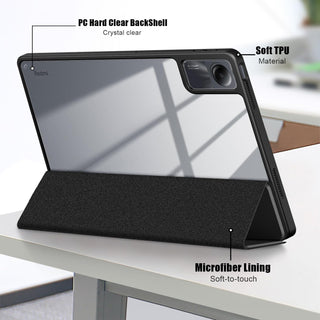 Husa Sigloo pentru tableta Xiaomi Redmi Pad SE 8.7" – Slim, Tri-Fold Magnetic, Piele Ecologica, Suport Stylus, Spate transparent – Negru