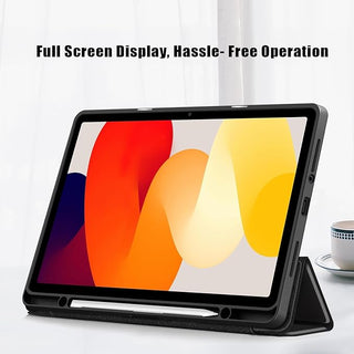 Husa Sigloo pentru tableta Xiaomi Redmi Pad Pro 12.1" – Slim, Tri-Fold Magnetic, Piele Ecologica, Suport Stylus, Spate transparent– Negru