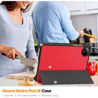 Husa Sigloo pentru tableta Xiaomi Redmi Pad SE 8.7" (2024) – Slim, Tri-Fold Magnetic, Piele Ecologica, Antisoc, Stand Reglabil, – Rosu