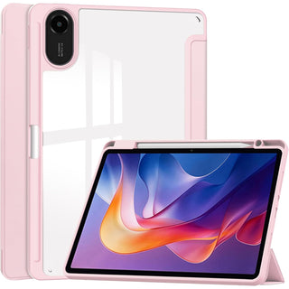 Husa Sigloo pentru tableta Xiaomi Redmi Pad 2 – Slim, Tri-Fold Magnetic, Piele Ecologica, Antisoc, Suport Stylus, Spate transparent– Roz