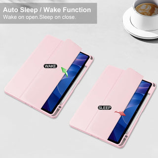 Husa Sigloo pentru tableta Xiaomi Redmi Pad 2 – Slim, Tri-Fold Magnetic, Piele Ecologica, Antisoc, Suport Stylus, Spate transparent– Roz