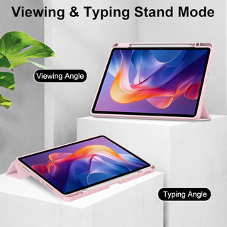 Husa Sigloo pentru tableta Xiaomi Redmi Pad 2 – Slim, Tri-Fold Magnetic, Piele Ecologica, Antisoc, Suport Stylus, Spate transparent– Roz