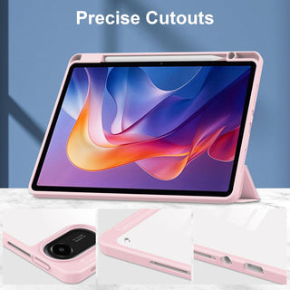 Husa Sigloo pentru tableta Xiaomi Redmi Pad 2 – Slim, Tri-Fold Magnetic, Piele Ecologica, Antisoc, Suport Stylus, Spate transparent– Roz