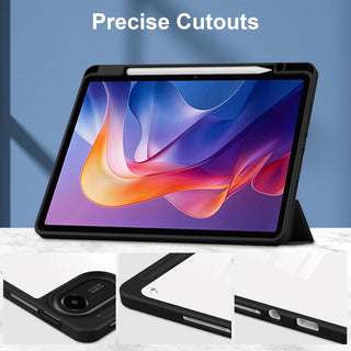 Husa Sigloo pentru tableta Xiaomi Redmi Pad 2 – Slim, Tri-Fold Magnetic, Piele Ecologica, Antisoc, Suport Stylus, Spate transparent– Negru