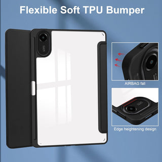 Husa Sigloo pentru tableta Xiaomi Redmi Pad 2 – Slim, Tri-Fold Magnetic, Piele Ecologica, Antisoc, Suport Stylus, Spate transparent– Negru