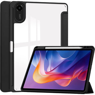 Husa Sigloo pentru tableta Xiaomi Redmi Pad 2 – Slim, Tri-Fold Magnetic, Piele Ecologica, Antisoc, Suport Stylus, Spate transparent– Negru