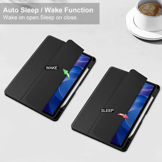 Husa Sigloo pentru tableta Xiaomi Redmi Pad 2 – Slim, Tri-Fold Magnetic, Piele Ecologica, Antisoc, Suport Stylus, Spate transparent– Negru