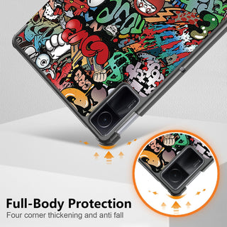 Husa Sigloo pentru tableta Xiaomi RedMi Pad SE 11" (2023) – Slim, Tri-Fold Magnetic, Piele Ecologica, Suport Stand, Antisoc – model Graffiti