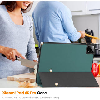 Husa Sigloo pentru tableta Xiaomi Pad 6S Pro 12.4' (2024) – Slim, Tri-Fold Magnetic, Piele Ecologica, Antisoc, Stand Reglabil, – Verde