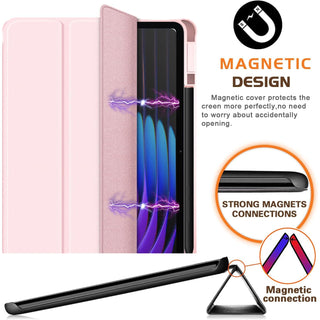 Husa Sigloo pentru tableta Xiaomi Pad 8/8 Pro si Xiaomi Pad 7/7 Pro 11.2", Slim, Tri-Fold Magnetic, Piele Ecologica, Antisoc, Spate transparent –Roz