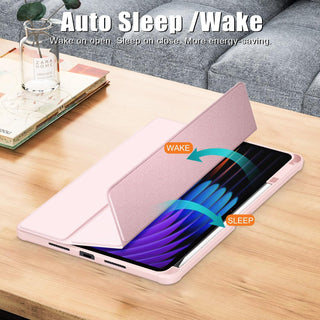 Husa Sigloo pentru tableta Xiaomi Pad 8/8 Pro si Xiaomi Pad 7/7 Pro 11.2", Slim, Tri-Fold Magnetic, Piele Ecologica, Antisoc, Spate transparent –Roz