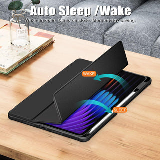 Husa Sigloo pentru tableta Xiaomi Pad 6S Pro 12.4' (2024) – Slim, Tri-Fold Magnetic, Piele Ecologica, Antisoc, Spate transparent – Negru