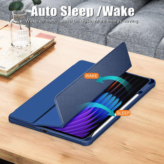 Husa Sigloo pentru tableta Xiaomi Pad 8/8 Pro si Xiaomi Pad 7/7 Pro 11.2", Slim, Tri-Fold Magnetic, Piele Ecologica, Antisoc, Spate transparent – Albastru